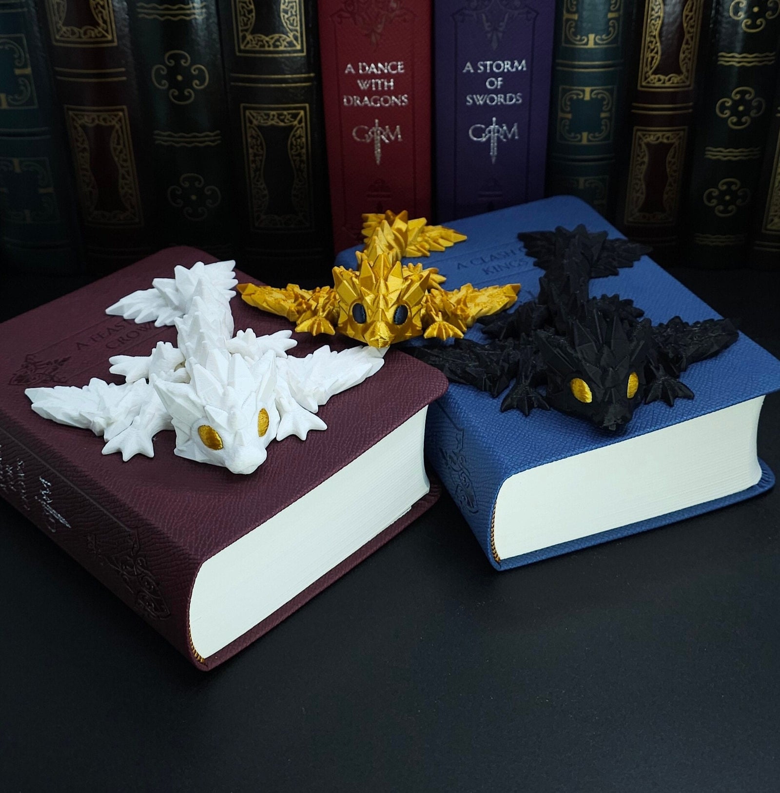 Mini Black, Gold and White Combo Set 3D Print Articulating Dragons Bookshelf Decor Flexible Dragon Toy, Handmade Crystal Dragon Office Decor