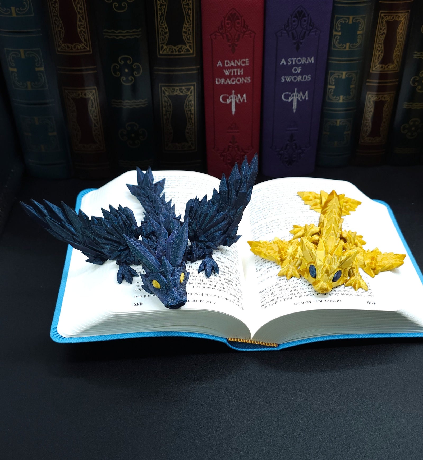Mini Black and Gold Combo Set 3D Print Articulating Dragons Bookshelf Decor Flexible Dragon Toy, Handmade Crystal Dragon Office Decor